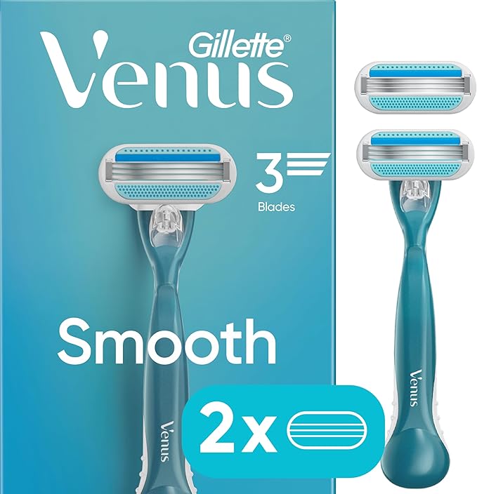 Gillette Venus Smooth Razor for Women, Includes 1 Reusable Razor Handle + 2 Count 3-Bladed Refills, Ergonomic Soft Grip Handle