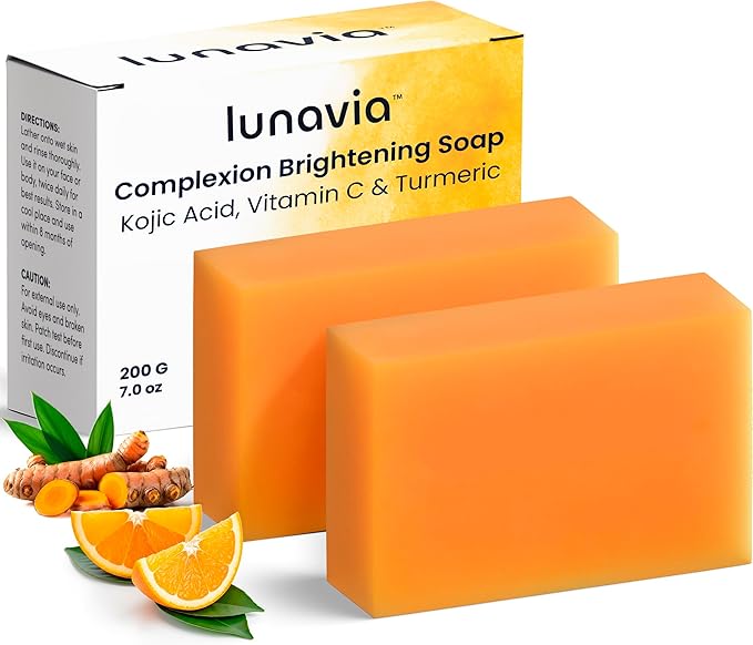 lunavia Kojic Acid Complexion Brightening Soap Bar with Vitamin C, Turmeric, Retinol, Collagen & Hyaluronic Acid – Brightening Face & Body Soap – Supports Brighter Skin, Even Skin Tone – 2 Pack