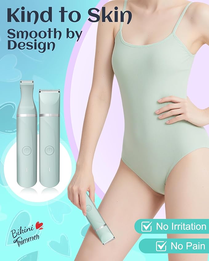 Waterproof Bikini Trimmer Women Electric Razor for Pubic Hair Women's Foil Shaver Rechargeable Shaver Removal with Snap-in Ceramic Blades IP7X Washable Head,Wet and Dry Use,Green