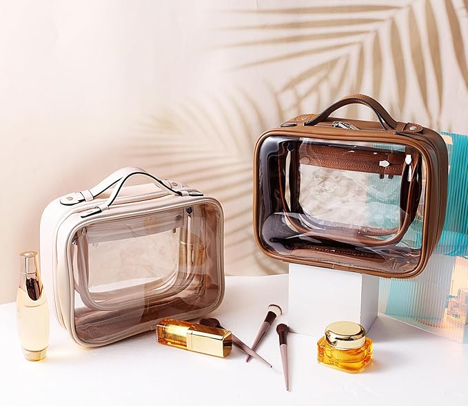 SANHECUN traveling toiletry Case large clear cosmetics case makeup bag (Brown, Small)