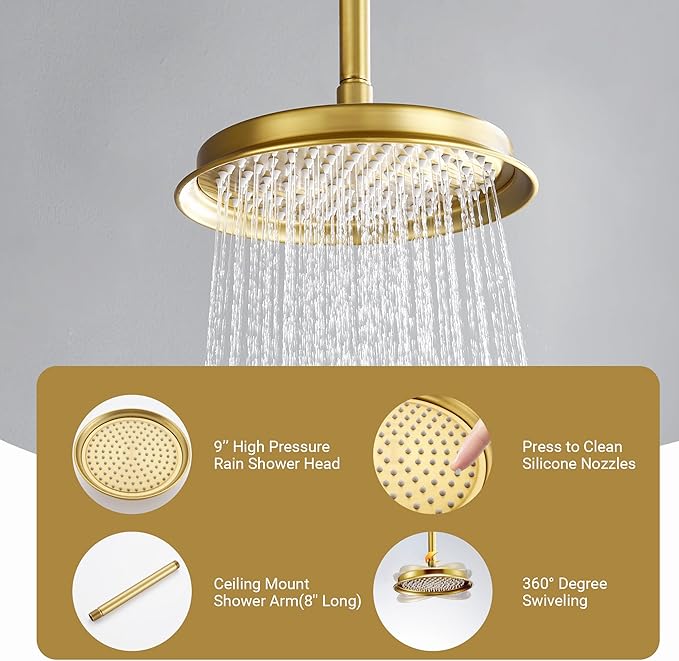 DASAN Brushed Gold Rain Shower System Complete Antique Shower Faucet Sets, Brushed Gold Shower Fixtures Combo with Pressure Balance Valve, Trim Kit, 9’’ Rainfall Overhead Shower & Handheld, AT209C-BTG