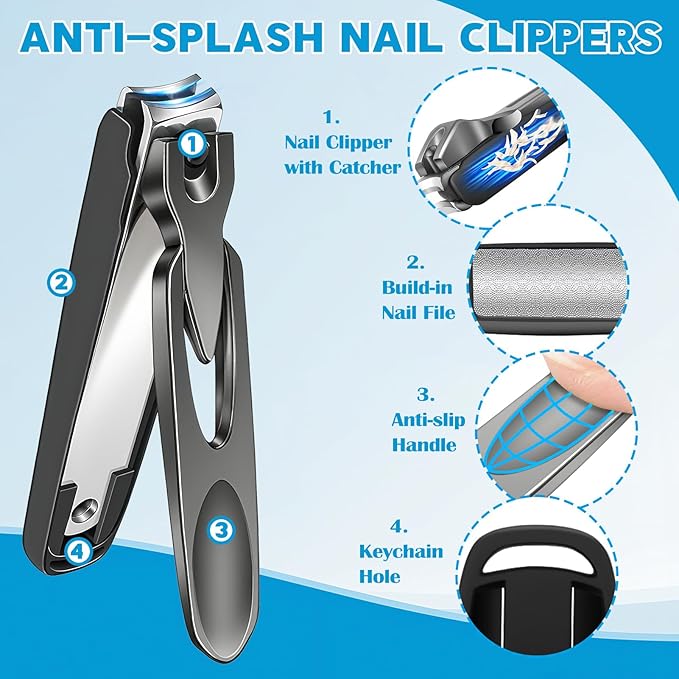Heavy Duty Toenail Clippers for Thick Nails, 7-in-1 Pedicure Kit with Catcher for Seniors & Men, Professional Wide Jaw Ingrown Toe Nail Clipper Set, Podiatrist Tool