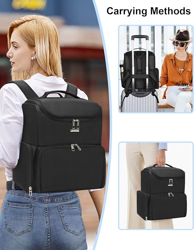 Relavel Makeup Backpack Large Makeup Bag with 3 Clear Set Bags, Dual Layer Professional Cosmetic Organizer Travel Train Case Makeup Artist Kit with Adjustable Dividers & Easy to Clean Lining, Black