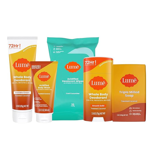 Lume Skin Care Gift Set for Women, Whole Body Deodorant Starter Pack -Smooth Solid Stick, Invisible Cream Tube, Acidified Body Wash Mini & Deodorant Wipes -Aluminum Free Odor Control (Toasted Coconut)