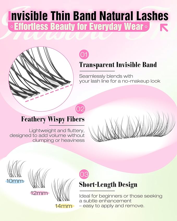 Natural Lash Clusters Kit 10-12-14mm Short Eyelash Clusters Kit Wispy Cluster Eyelash Extensions Clear Band Lash Extensions Kit C Curly Individual Lashes Clusters by Delyneph
