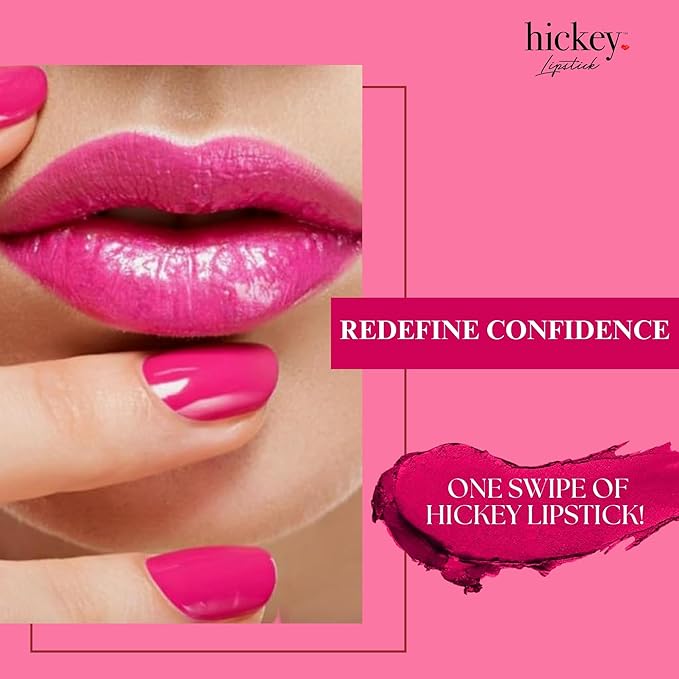 Hickey Lipstick Set - Walk of Shame (Hot Pink), Refillable Silver Case with Chain, Satin Pouch & Ribbon (Wearable Necklace), Long Lasting Hydrating Velvet Finish Lipstick for Women, Vegan, Gluten-Free