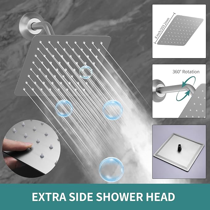 WHSHOWER Brushed Nickel Shower System with 12+8+8" Three Top Shower Heads, Full Body Shower System with Temperature Display,Handheld Sprayer and Body Jets Shower Set