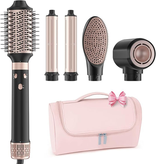 MESCOMB Dual Voltage Hot Air Styler Wrap - 5 in 1 Hair Dryer Brush with Fast Drying Blow Dryer, Styling, Straightening & Volumizing with Travel Bag (100V–240V) -Black + Pink
