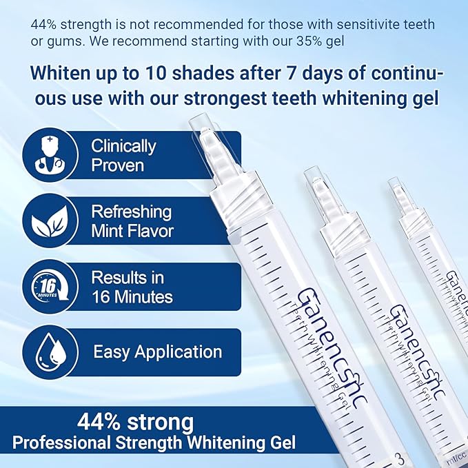 44% Ganencsnc 10 Syringes (3ml) - Teeth Whitening Gel Refills - Strong 44% Carbamide Peroxide Formula - Compatible with Teeth whitening Kit-Teeth Whitener for Coffee & Wine Stains
