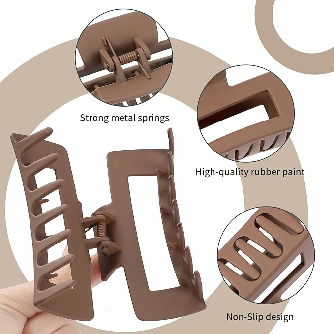 4 Inch Big Hair Claw Clips 6 Pcs Large Claw for Thick Hair Square Hair Clips for Women Rectangle Hair Clips Nonslip Acrylic Banana Jaw Clips Hair Accessories for Girls (Coffee Brown)