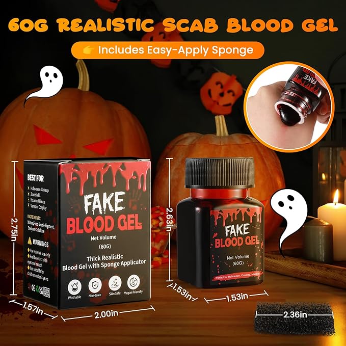 Halloween Scab Blood Gel, 60g Coagulated Blood Makeup with Sponge for Realistic Wounds, Cuts, SFX FX Makeup, Vampire Zombie Monster Cosplay, Scab Blood SFX for Face & Body