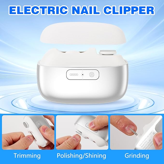 Electric Nail Clipper, 3-in-1 Automatic Nail Trimmer with Polishing & LED Light, Nail Scraps Storage, Portable Smart Nails Clipper for Seniors, Adults, Kids (Silver)