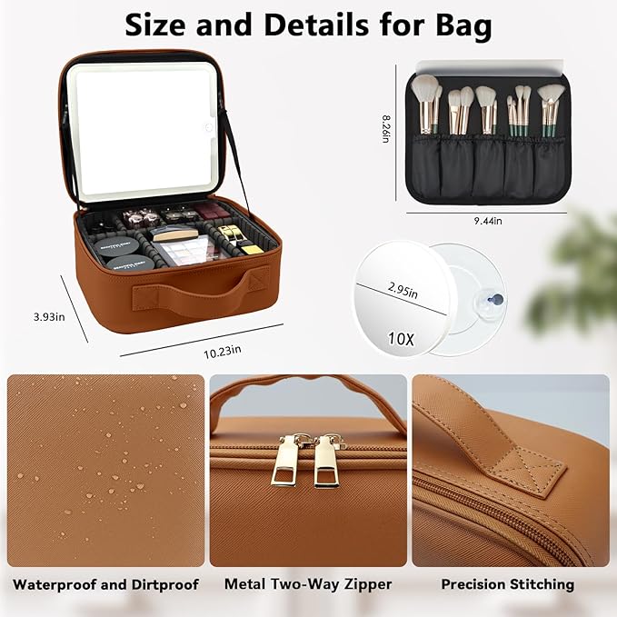 SLUMAZI Travel Makeup Bag with LED Mirror and 10x magnifying glass with 3 Lighted Settings, Adjustable Dividers and Makeup Brush Storage Bag Caramel