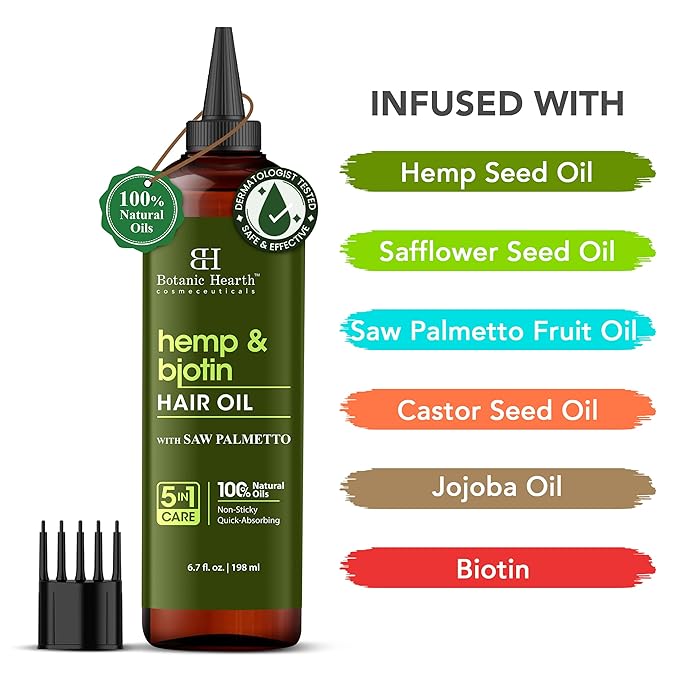 Botanic Hearth Hair Oil for Hair Growth & Home Hair Perm Kit | Strengthening Dry, Frizzy, Damaged Hair & Scalp Treatment | Hemp & Biotin Hair Oil – 6.7 Fl Oz