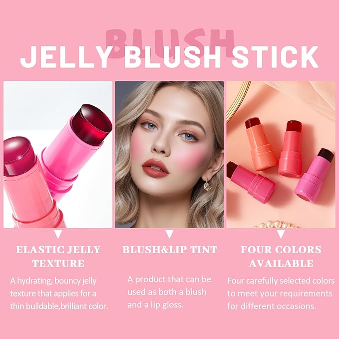 4 Pcs Jelly Blush Stick,Sheer Lip & Cheek Makeup Blush