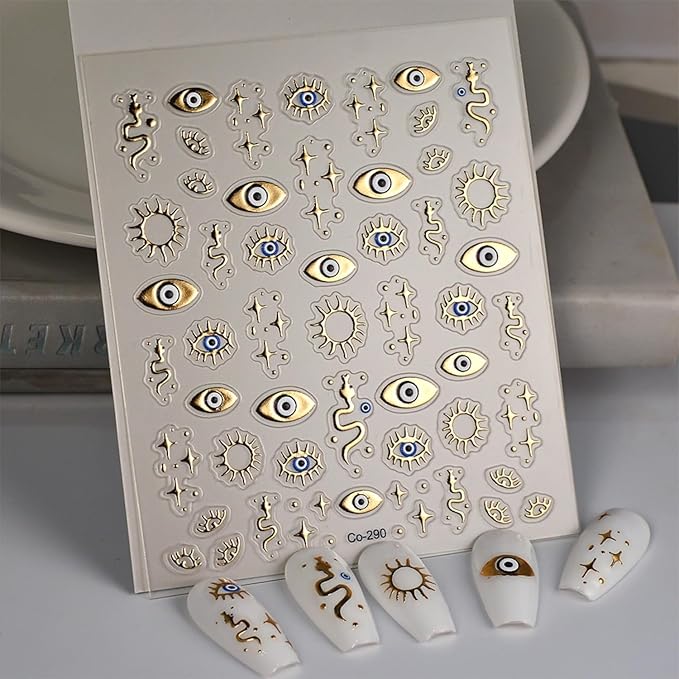 Gold Nail Art Stickers 5D Embossed Star Nail Decals for Nail Art Designs Gold Eyes Nail Stickers Decals Self Adhesive Star Moon Nails Supplies for Women Girls DIY Nail Decorations