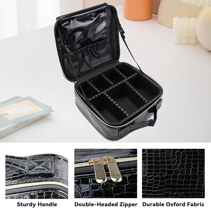 SLUMAZI Travel Makeup Bag Makeup Cosmetic Train Case Organizer Portable Storage Bag with Adjustable Dividers for Cosmetics Makeup Brushes Toiletry Jewelry Black Crocodile Pattern