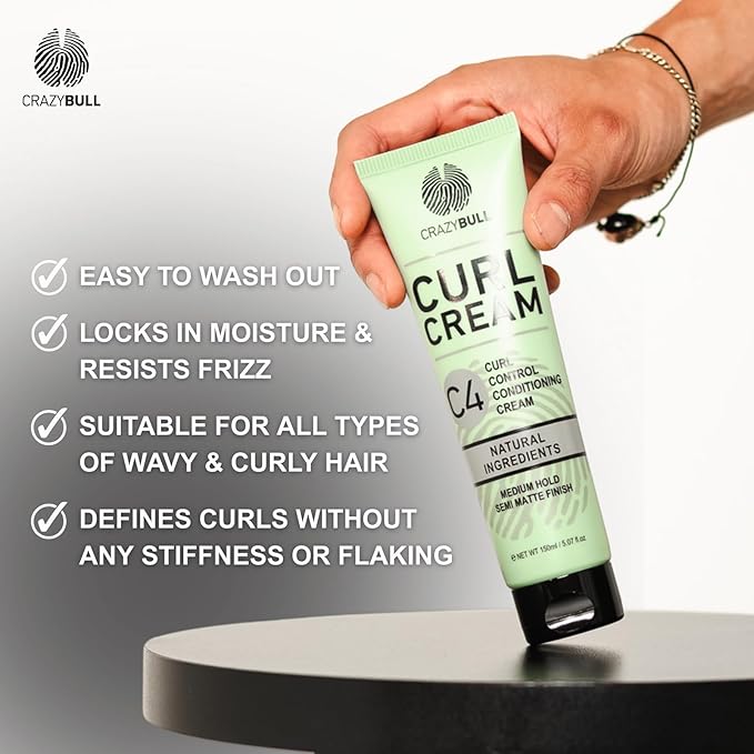 Crazy Bull Hair C4 Curls Styling Cream - Deep Hydration and Frizz Control Hair Cream for All Curl Types - Strengthens with Amino Acids - 5.1 oz