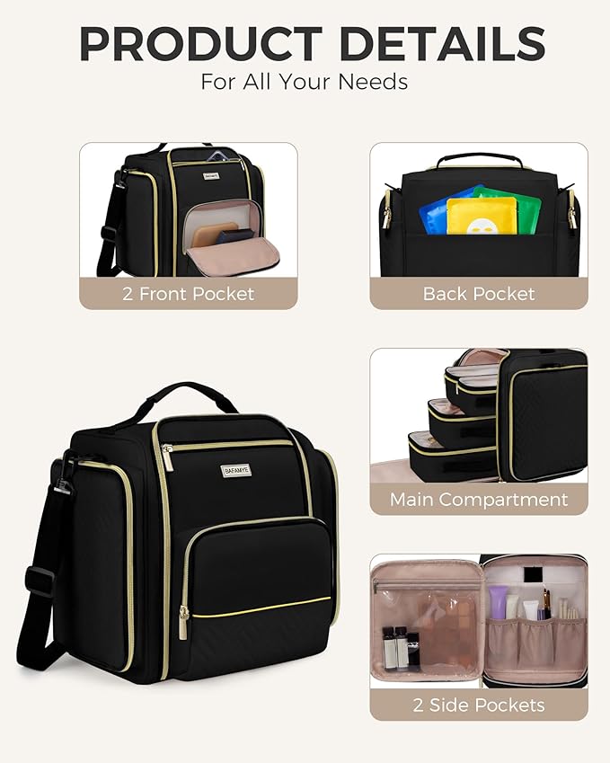 BAFAMYE Large Travel Makeup Bag - Cosmetic Organizer with 4 Removable Inner Pockets, Multi-functional Toiletry Bag for Accessories & Brushes, Women's Beauty Case, Black