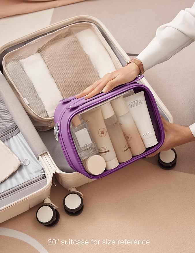 Oaque Clear Cosmetic Bag Double Layer Travel Toiletry Bag Clear Makeup Bag Case with 4 Compartments, Transparent Travel Bag for Toiletries, Large Toiletry Bag for Women Cosmetic Case (Purple, Large)