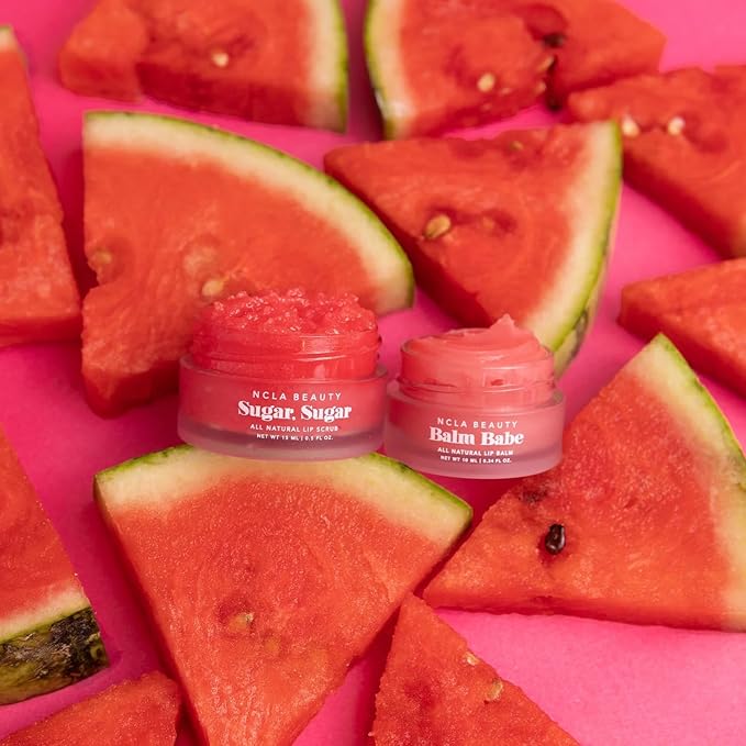 NCLA All Natural Lip Treatment Set - Hydrating Lip Balm - Vitamin C, E, and Agave Sugar Scrub with Silicone Scrubber - Watermelon - 3 p