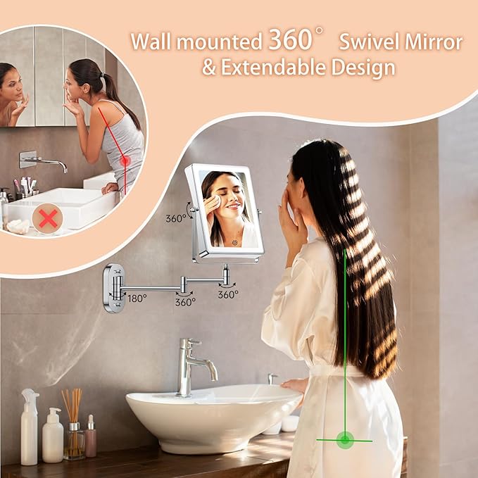 FASCINATE 5000mAh Rechargeable Wall Mounted Makeup Mirror, 8.7" Double Sided Touch Switch 1X 20X Rectangle Wall Mounted Magnifying Mirror with Light, 3 Color Setting, Extended Arm 360° Foldable Chrome