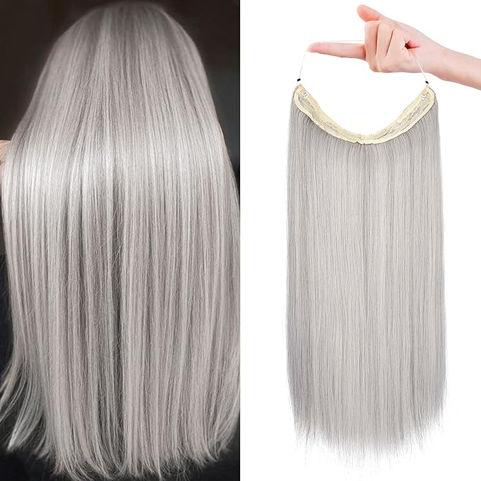 REECHO Invisible Wire Hair Extensions with Transparent Headband Adjustable Size Removable Secure Clips in Straight Secret Hairpiece for Women (12Inch(Pack of 1), Grey/Brown/Silver/White Mixed)