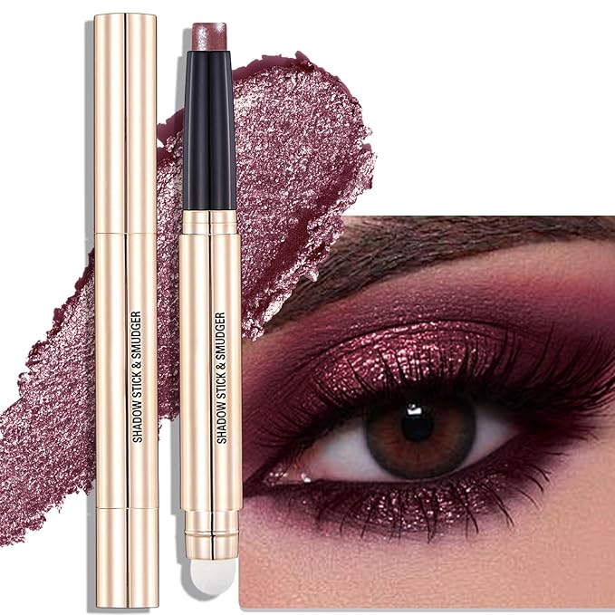 Plum Shimmer Eyeshadow Stick - Dual-Ended Long-Lasting Cream Eye Shadow for Older Women Crease-Proof Metallic Eyeshadow Pencil, Multi-Use Eye Crayon Highlighter Makeup with Built-in Smudger