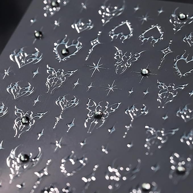 5D Embossed Heart Nail Art Stickers Self-Adhesive Silver Butterfly Nail Stickers for Nail Art Rhinestones Nail Decals Sliver Heart Nail Supplies Sliver Manicure Decorations for Women Girls