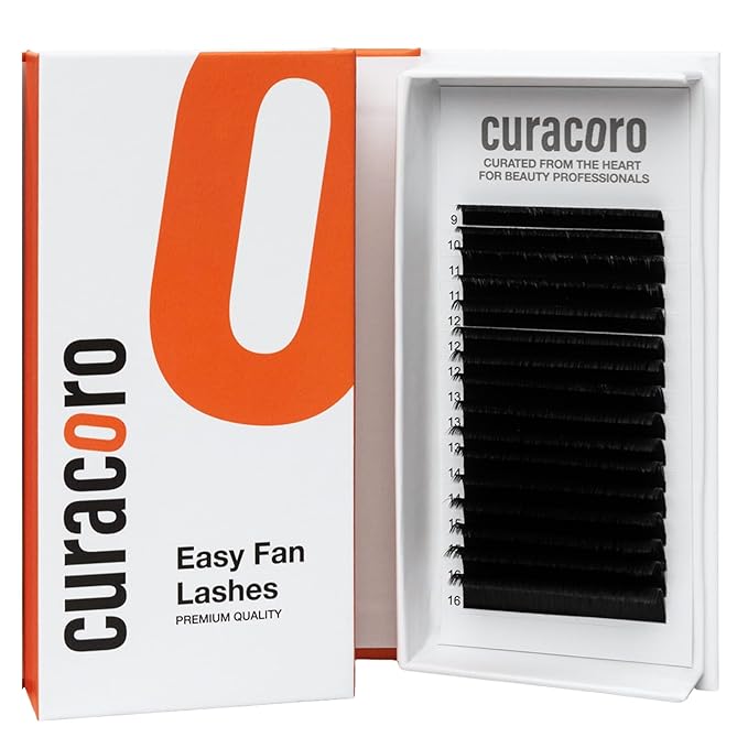 Curacoro Easy Fan Eyelash Extensions 0.03~0.07mm Thickness, C CC D Curl, 9mm-16mm Mixed & Single Length, Super Matte Black Volume Self Fanning Lash Extensions, Professional Supplies for Lash Techs