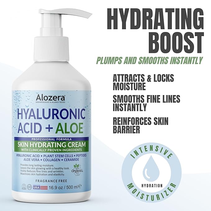 Alozera Hyaluronic Acid Body Lotion with Aloe & Stem Cells, Daily Moisturizing Lotion for Dry, Sensitive Skin Hydration, Non-Greasy, Lightweight Moisturizer, Fragrance-Free, 16.9 oz 2-Pack