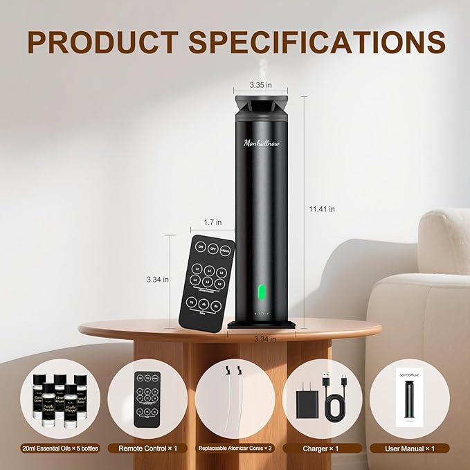 Waterless Scent Diffuser Starter Kit – 1000 Sq Ft Coverage, Suitable for Home & Hotel Series Diffuser, Includes 5 Scent Oils, Remote Control, Large Room Essential Oil Diffuser, Ultra Black