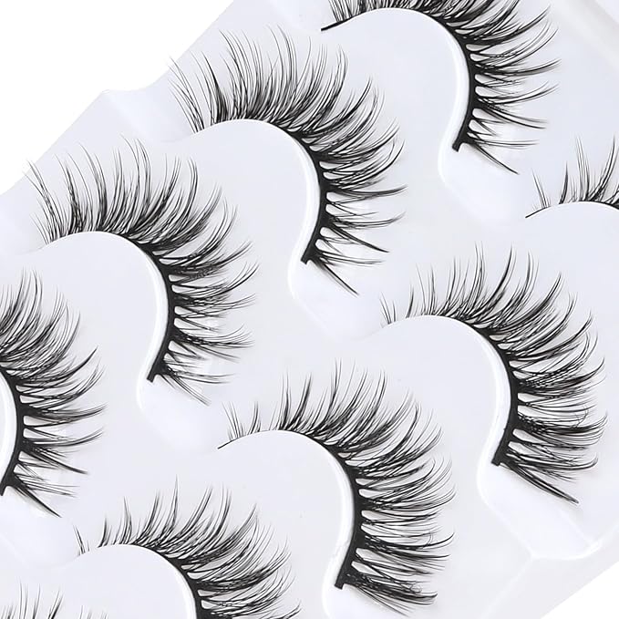 Veleasha Lashes Wispy False Eyelashes 100% Handmade Eyelashes Natural Look Fake Lashes Lightweight Lashes with Soft Cotton Band 5 Pairs Pack (G2-Black Cotton Band)