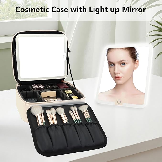 SLUMAZI Travel Makeup Bag with LED Mirror Travel Makeup Organizer with 3 Lighted Settings, Adjustable Dividers and Makeup Brush Storage Bag White