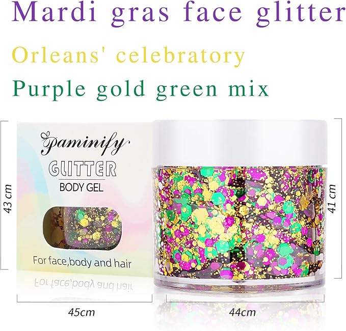 Mardi Gras Gold Hair Face Glitter,Mardi Gras Outfit for Women,Green Purple Gold Mixed Holographic Self-Adhesive Body Glitter,Festival Chunky Sequins Carnival Costume New Orleans Decorations