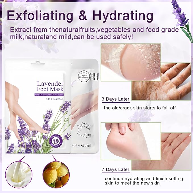 Lavender Hand and Feet Mask, 5 Pairs Hydrating Hand Mask, 5 Pairs Foot Peel Masks, Softening Hand Mask Gloves and Foot Masks Moisturizing Socks for Men Women Dry, Rough,Cracked Skin