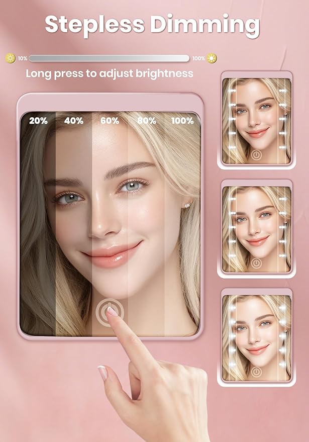 Compact Mirror, Rechargeable 30X Magnifying Mirror with 3 Lighting Modes & Dimmable Brightness, Portable Travel Makeup Mirror with Light, Essentials for Travel, Pocket, Purse, Gifts for Girls Pink