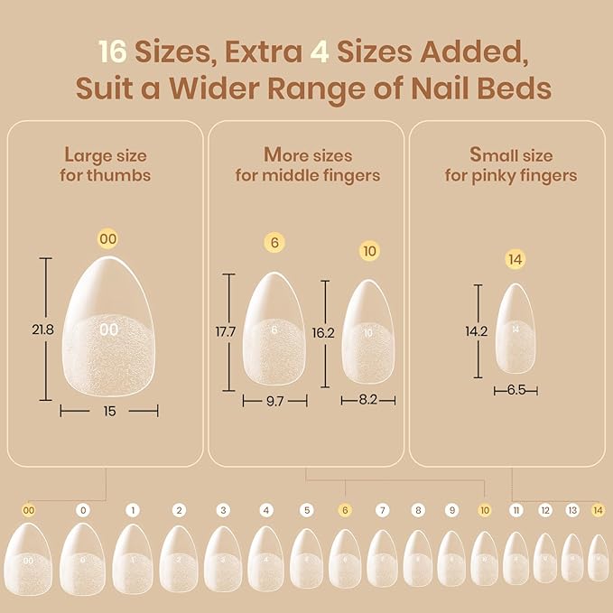 Beetles Gel Nail Tips Flat-X - Almond Short, 320pcs 16 Sizes, Pre-Etched Half Matte Full Cover Soft Acrylic Press on False Nail Extension Tips Easy DIY Salon for Flat & Natural Nail Beds