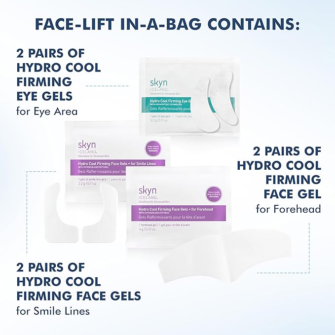 Skyn ICELAND Facelift in-a-Bag, Firming Hydrogel Masks for Forehead, Smile Lines and Under Eyes. Cooling Gel Facial Patches with Peptides and Coenzyme Q10. Treatment for All Skin Types, Vegan, 6 Pcs.