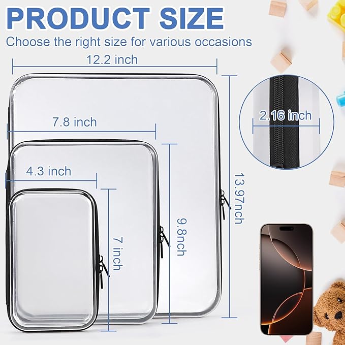 YOPCDJ 3 Pack Clear Hard Shell Zipper Case, Clear Zipper Pouches Waterproof Makeup Organizer & Travel Toiletry Bag, Plastic Pouch for Travel Office Storage, Black,3 Pack, LMS