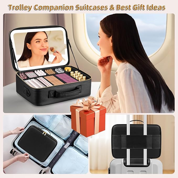 JJhxr 15''X11'' Makeup Bag with Removeable Lighted Mirror, Travel Makeup Case with 3 Color Lights Dimmable Brightness, Large Capacity Cosmetic Organizer Case with Detachable Dividers & Shoulder Strap