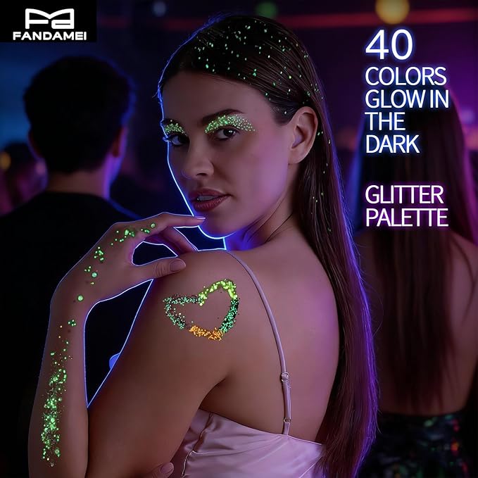 FANDAMEI 40 Colors Glow in The Dark Glitter, Face Glitter for Kids Women Girls, Body Glitter Hair Glitter for Halloween Rave Carnival Party Glitter Makeup