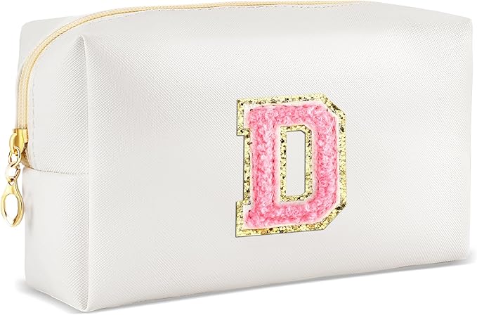 URSKYTOUS Initial Makeup Bag Personalized Preppy Travel Small Cosmetic Bag Cute PU White Chenille Letter Makeup Pouch for Purse Waterproof Zippered Toiletry Organizer for Women Girls Kids Friends (D)