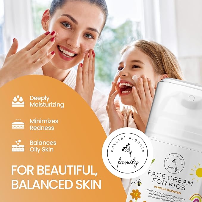 Kids Face Cream - Gentle and Calming Moisturizer Lotion for Sensitive Skin, Natural Hydration and Spot Control with Shea Butter, Tea Tree, Hyaluronic Acid, Vitamin E - Made in UK - Vanilla Scented