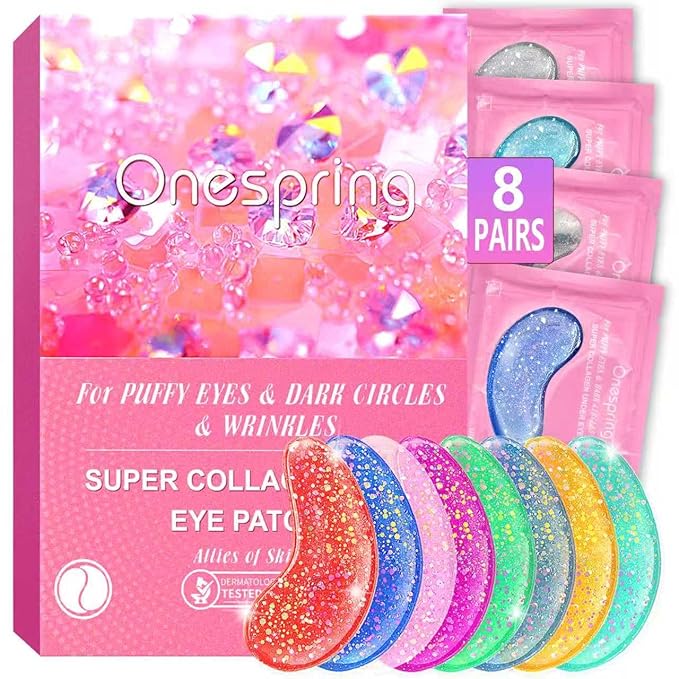 Onespring Eye Masks (8 Pairs) - Travel Essentials - Under Eye Patches for Dark Circles, Puffiness, Fine Lines with Collagen, Revitalises and Refreshes Your Skin, Bridesmaid Gifts for Her