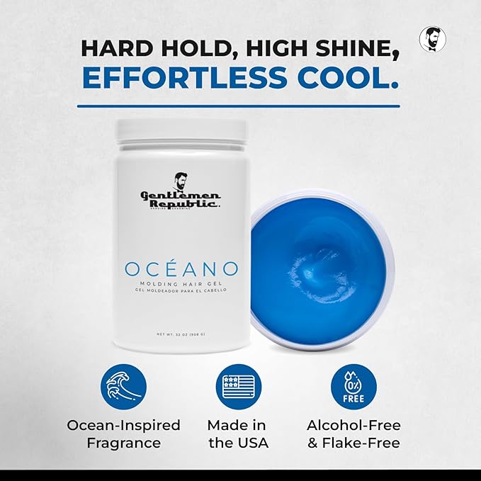 Gentlemen Republic Oceano Men's Hair Gel 64oz without Pump - Strong Touchable Hold and High Shine Styling Gel for Hair, 100% Alcohol-Free Professional Formula with Fresh Scent, Mens Hair Product