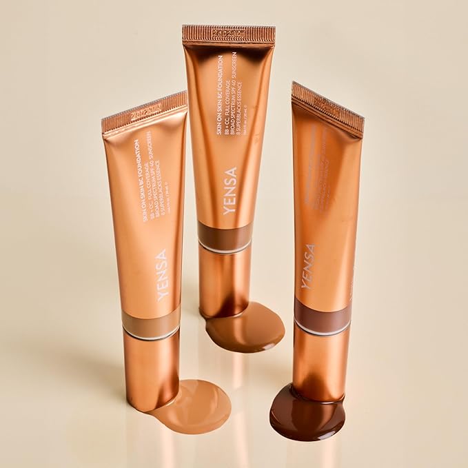 YENSA Skin on Skin BC Foundation Makeup - CC, BB Cream & Full Coverage Foundation-In-One - Buildable, Radiant Finish with SPF 40, Hyaluronic Acid, Peptides & 8 SuperBlacks - Medium Warm (1 oz)