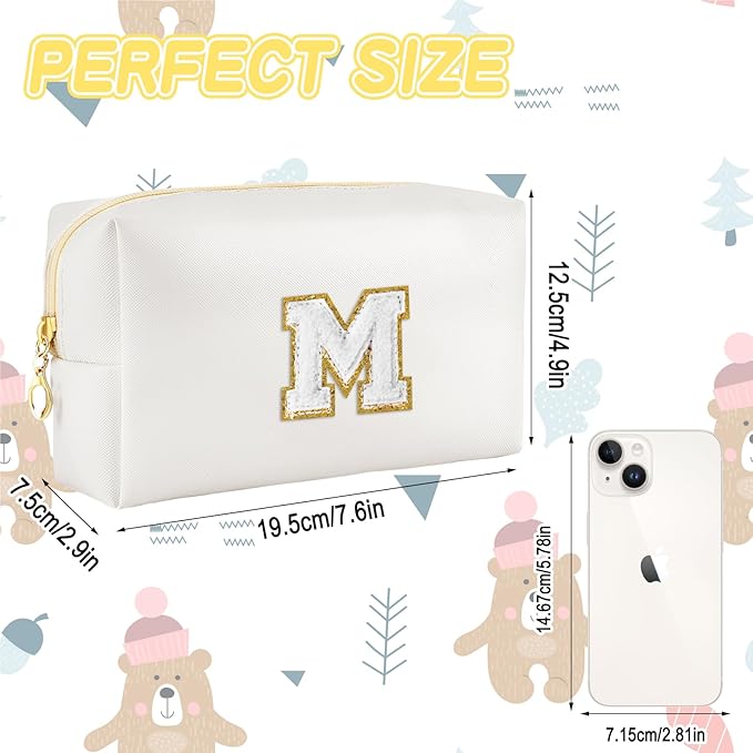 URSKYTOUS Gifts for Girls Initial Makeup Bag Personalized Cosmetic Bag with Zipper Cute Travel Toiletry Bags Waterproof PU Preppy Makeup Pouch Birthday Gift for Teen Girls Women(White M)