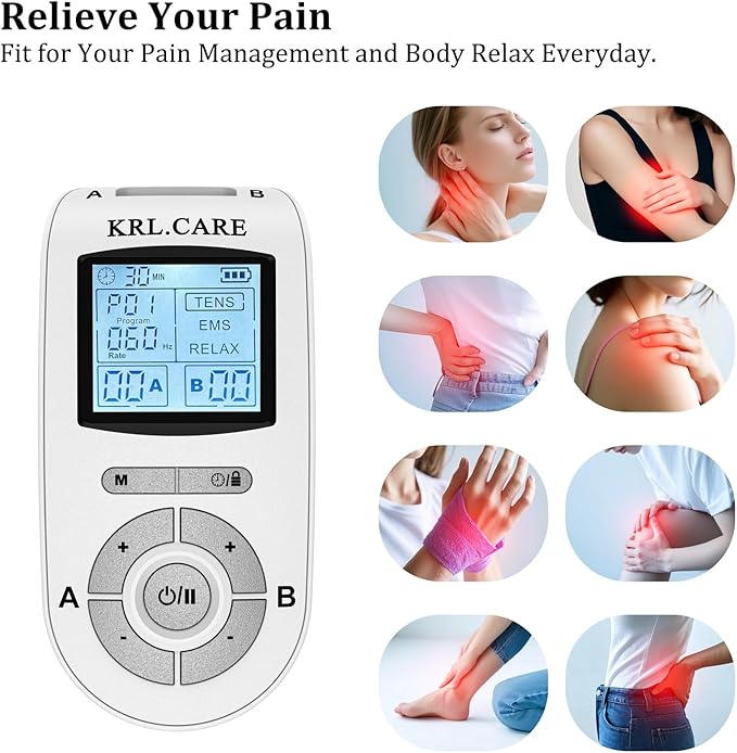 Dual Channel TENS EMS Unit 40 Intensities for Gradual Pain Relief Therapy, 24 Modes Muscle Stimulator, Electronic Pulse Massager with 8 Pads, Dust-Proof Drawstring Storage Bag