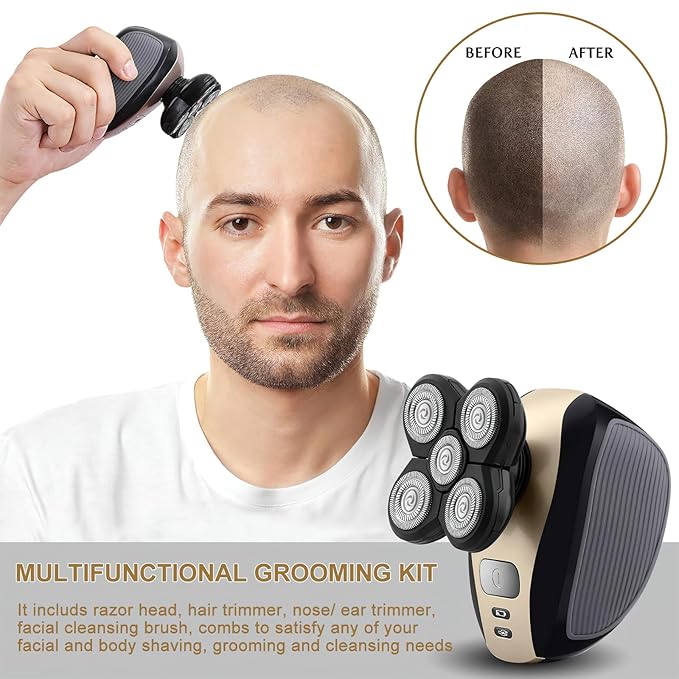 Bald Shavers for Men - Telfun Upgrade 5-in-1 Electric Head Shavers for Bald Men, 100% Waterproof Cordless Razor, Wet/Dry Shaving, 5 Dual Track Heads, Mess-Free Hair Capture